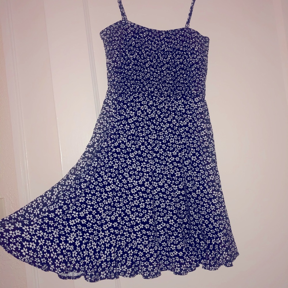 Black and White Floral Print Sun Dress Empire Waist Ruched A-Line Skirt